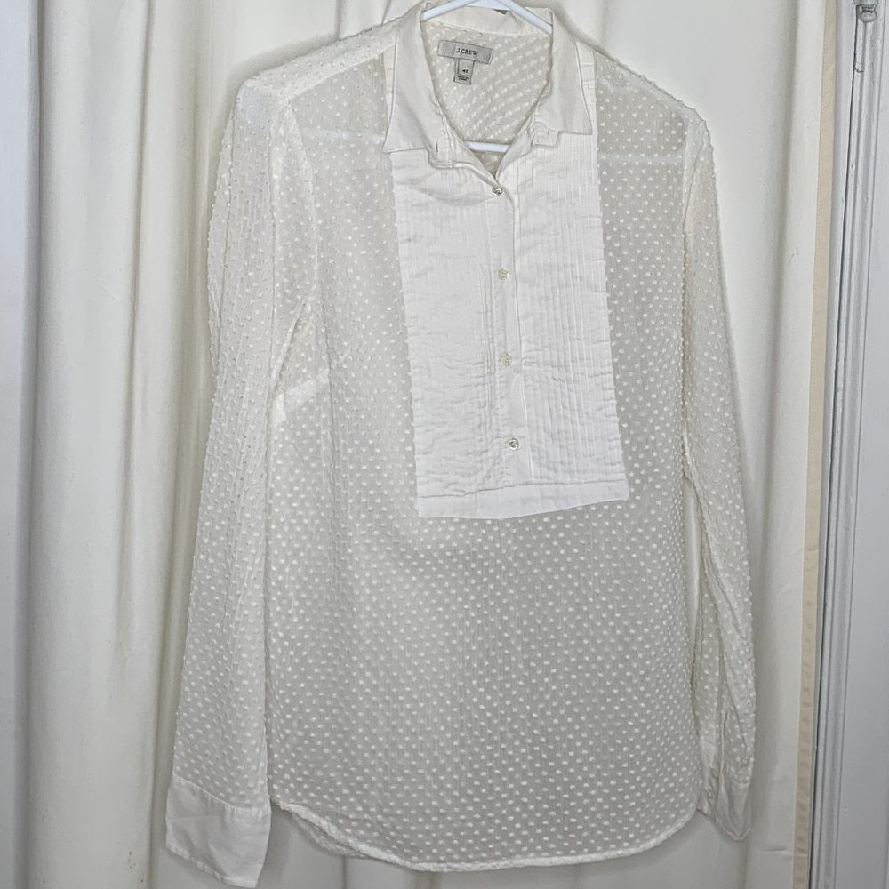 J Crew White Swiss Dot Long Sleeve Tuxedo Front Shirt